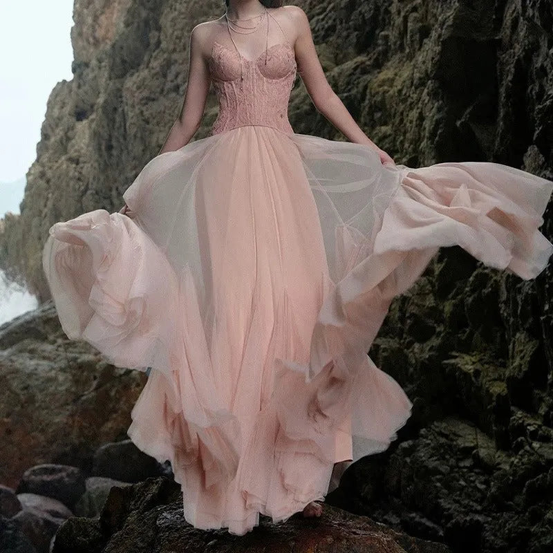 Dreamy Mermaid Strapless Corset Ruffle Floral Lace Blush Floor-Length Prom Dress