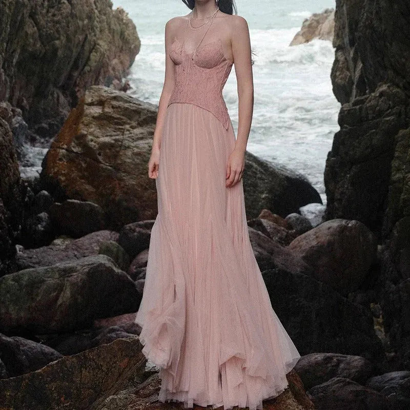 Dreamy Mermaid Strapless Corset Ruffle Floral Lace Blush Floor-Length Prom Dress