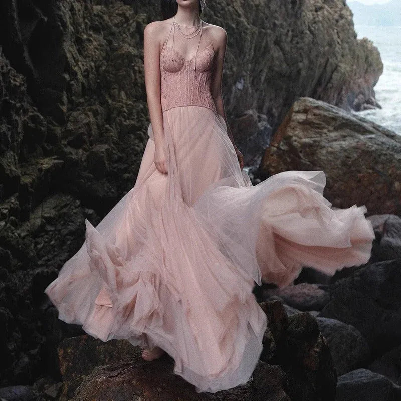 Dreamy Mermaid Strapless Corset Ruffle Floral Lace Blush Floor-Length Prom Dress