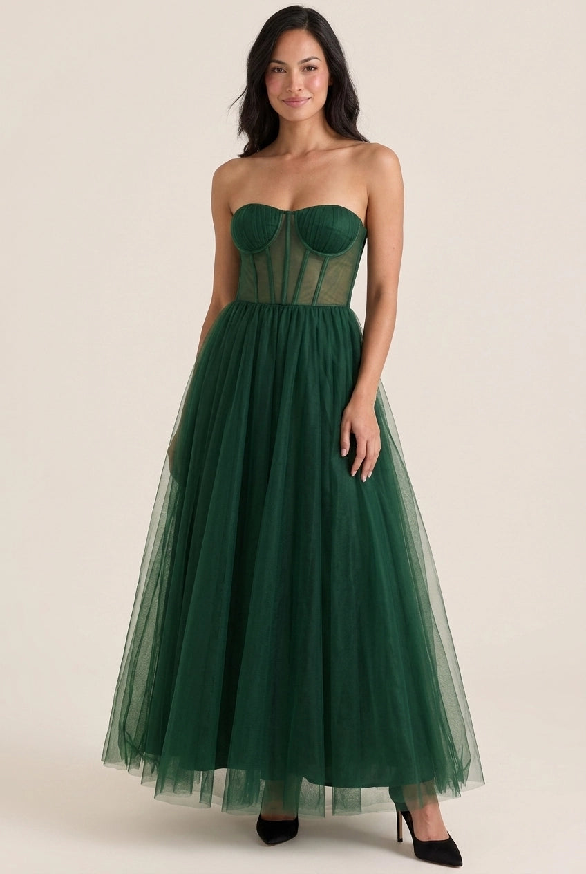 Dreamy A-Line Strapless Corset Illusion Tulle Emerald Green Maxi Prom Dress