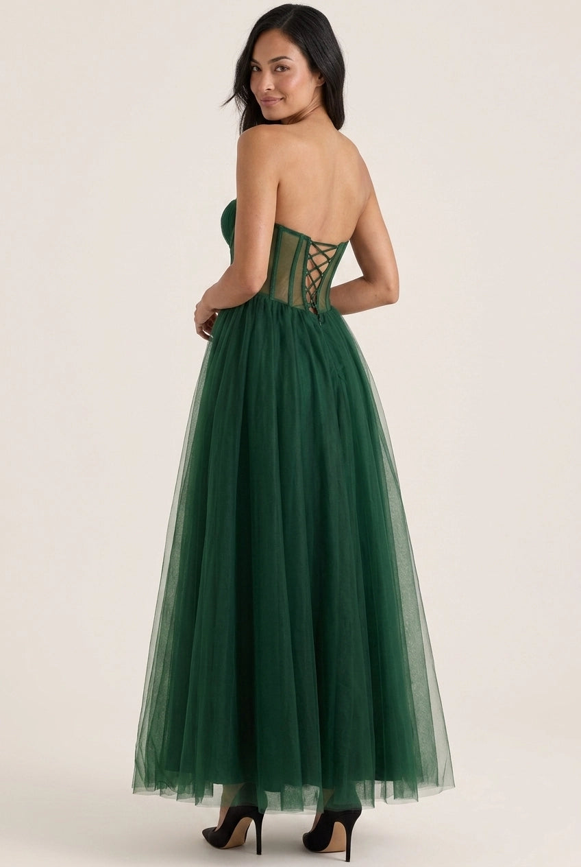 Dreamy A-Line Strapless Corset Illusion Tulle Emerald Green Maxi Prom Dress
