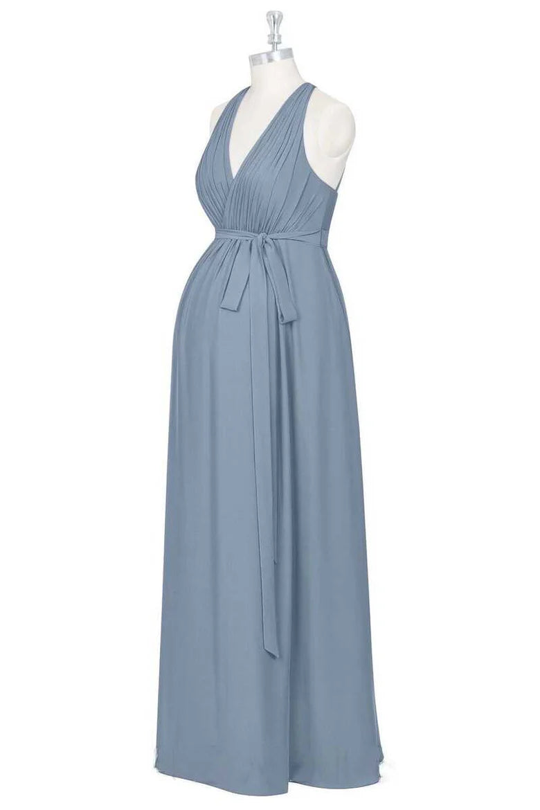 Dusty Blue Chiffon Halter Backless Waist Tie A-line Full length Maternity Bridesmaid Dress