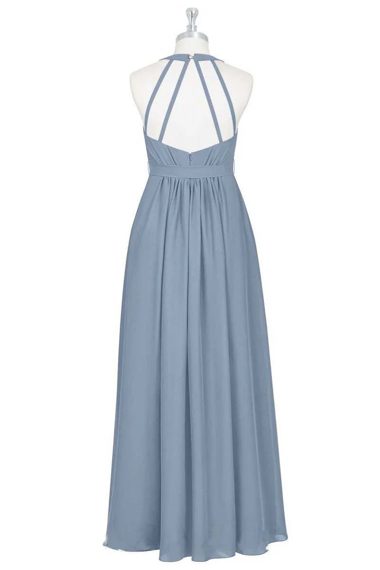 Dusty Blue Chiffon Halter Backless Waist Tie A-line Full length Maternity Bridesmaid Dress