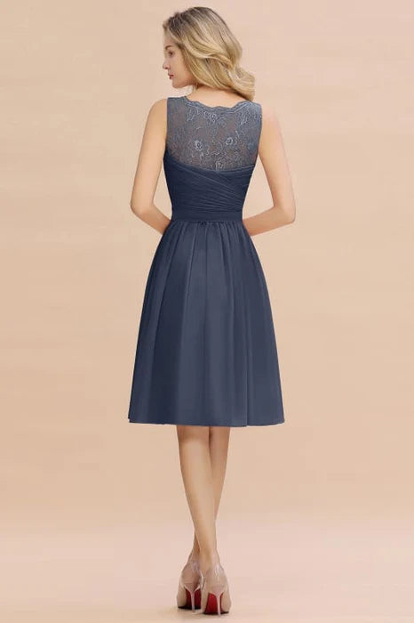 Dusty Blue Chiffon Lace Ruffle Short Bridesmaid Dress V-Neck Aline Knee Length Homecoming Dress