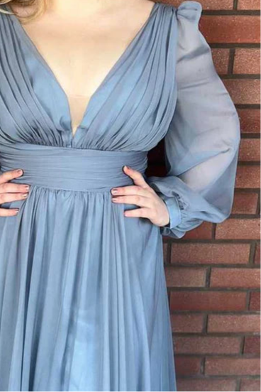 Dusty Blue Chiffon Pleated Deep V Neck Long Sleeve A-line Full Length Bridesmaid Dress Prom Dress