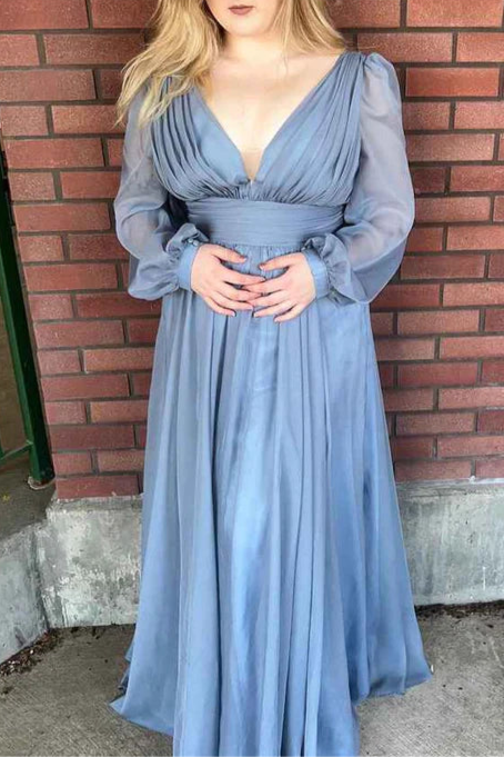 Dusty Blue Chiffon Pleated Deep V Neck Long Sleeve A-line Full Length Bridesmaid Dress Prom Dress