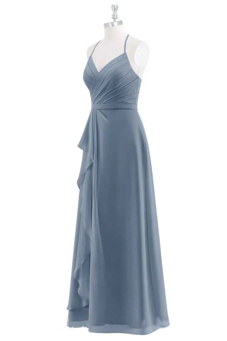 Dusty Blue Chiffon Pleated Hollow Halter Ruffled A-Line Full length Maid of Honor Dress