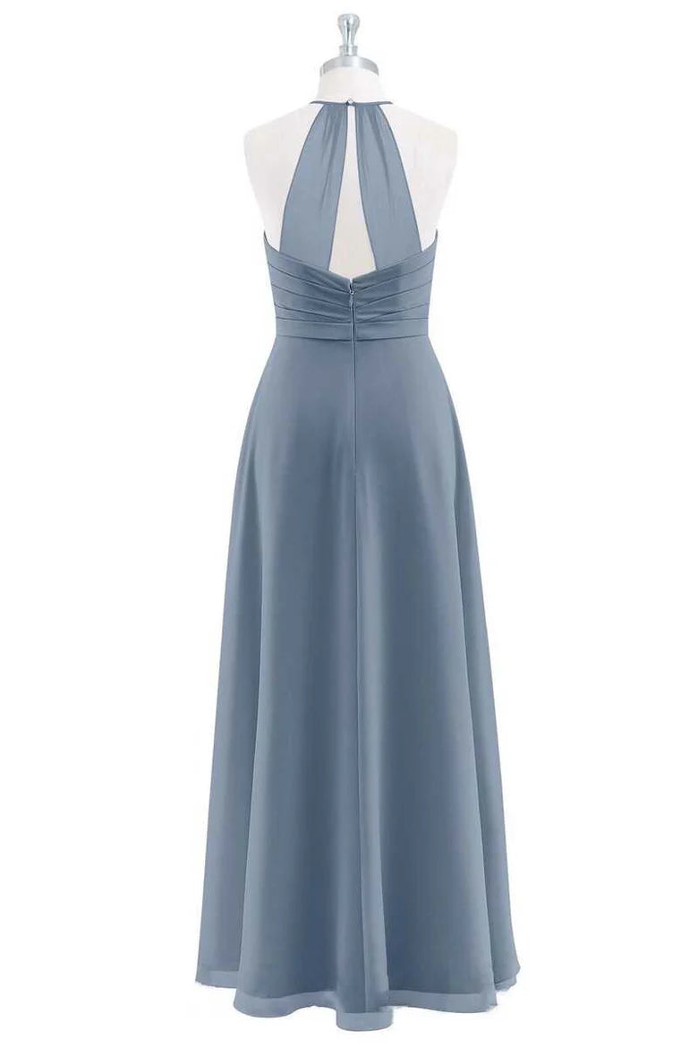 Dusty Blue Chiffon Pleated Hollow Halter Ruffled A-Line Full length Maid of Honor Dress
