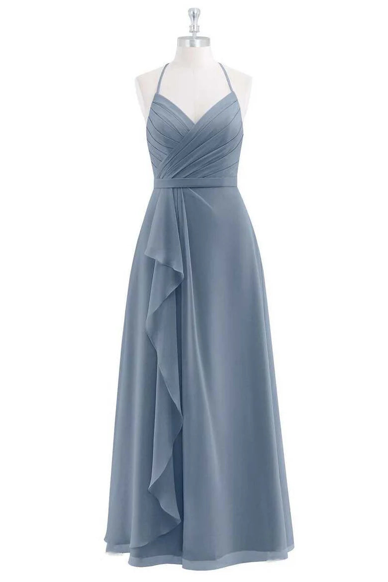 Dusty Blue Chiffon Pleated Hollow Halter Ruffled A-Line Full length Maid of Honor Dress