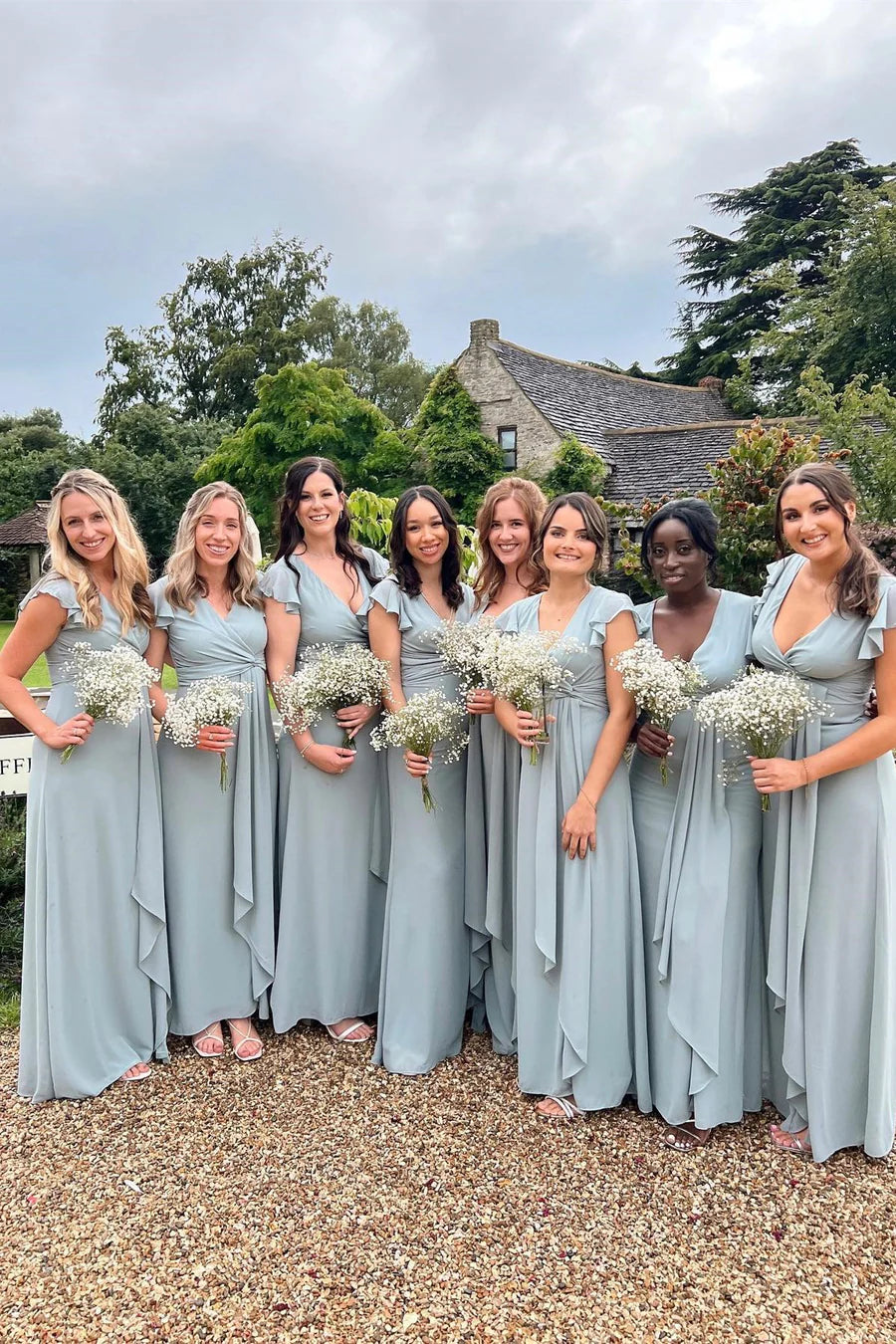 Dusty Blue Chiffon Short Sleeve slit Bridesmaid Dress with Flared Sleeves