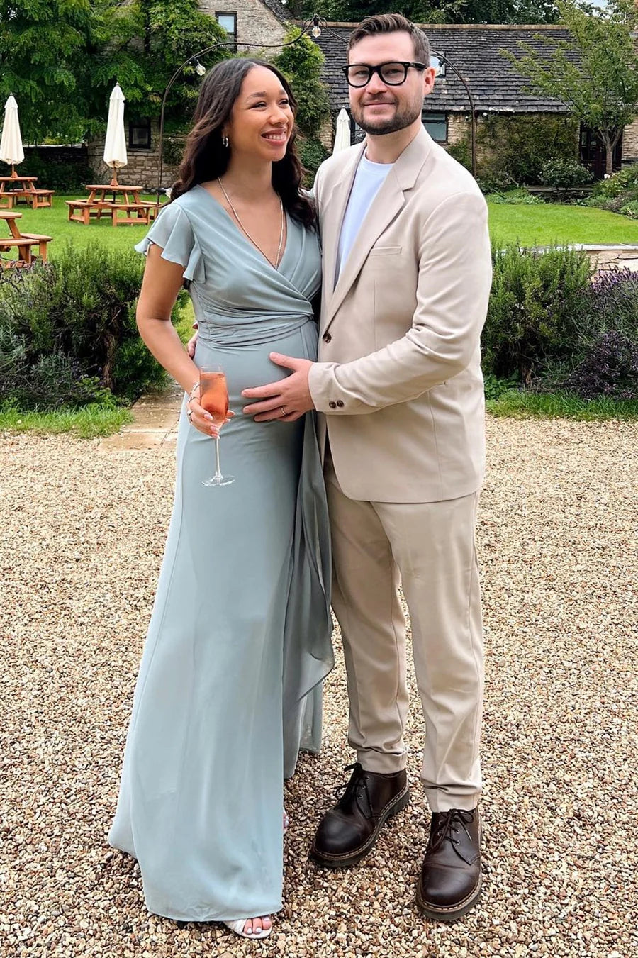 Dusty Blue Chiffon Short Sleeve slit Bridesmaid Dress with Flared Sleeves