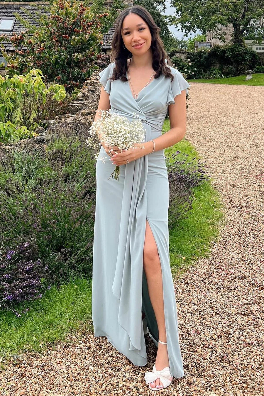 Dusty Blue Chiffon Short Sleeve slit Bridesmaid Dress with Flared Sleeves