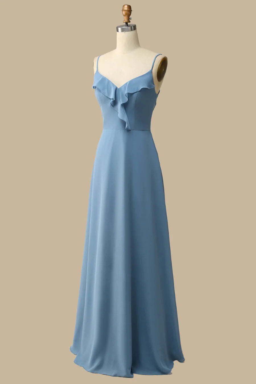 Dusty Blue Chiffon Spaghetti Strap Ruffle Lace-Up Maxi Dress Bridesmaid Dresses