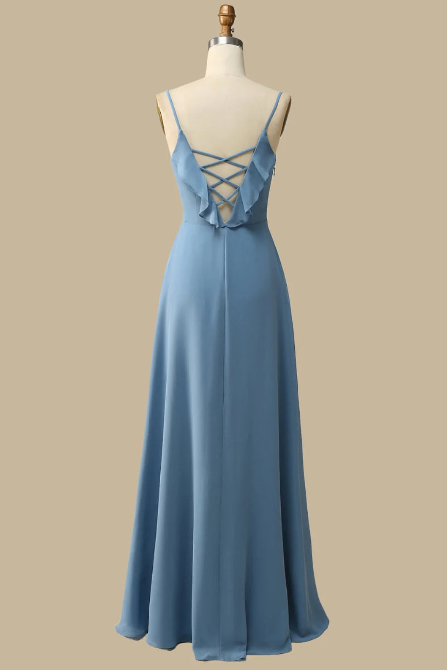 Dusty Blue Chiffon Spaghetti Strap Ruffle Lace-Up Maxi Dress Bridesmaid Dresses