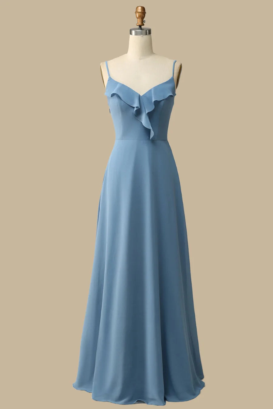 Dusty Blue Chiffon Spaghetti Strap Ruffle Lace-Up Maxi Dress Bridesmaid Dresses