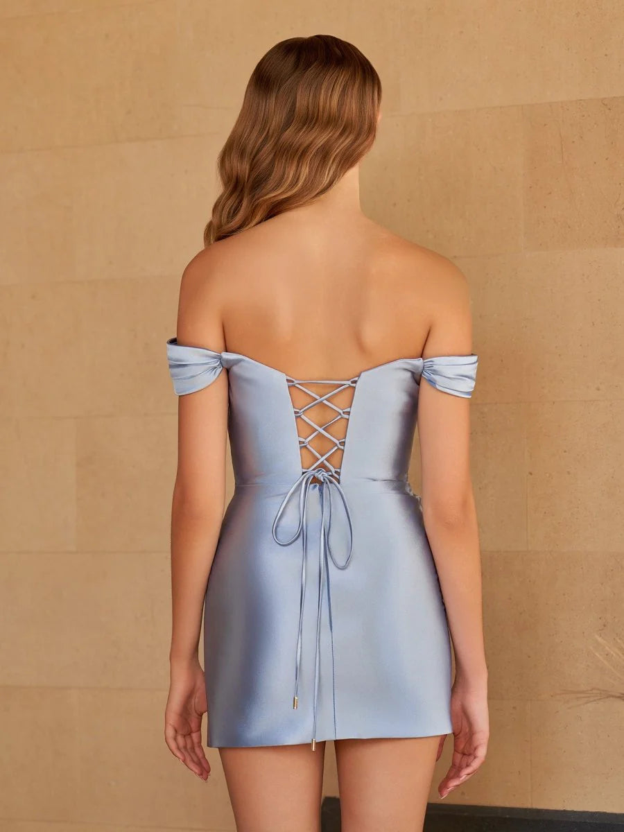 Dusty Blue Satin V Neck Bodycon Off the Shoulder Short Homecoming Dresses With Beads