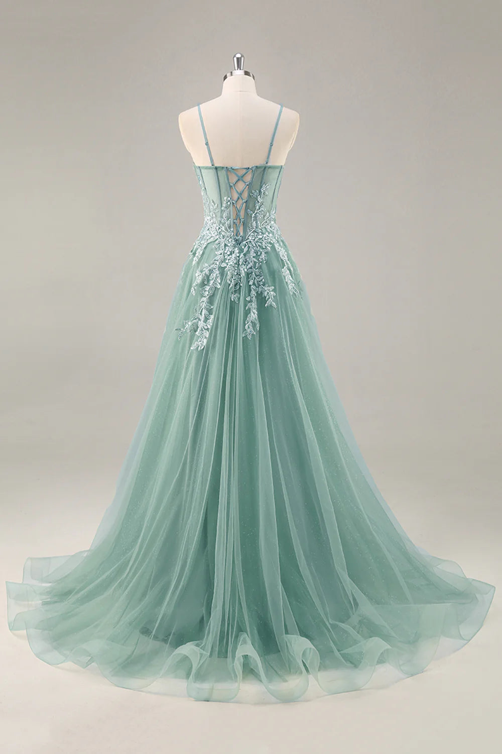 Dusty Blue Sequins Beaded Strapless Sheer Corset A Line Long Prom Dress with Slit