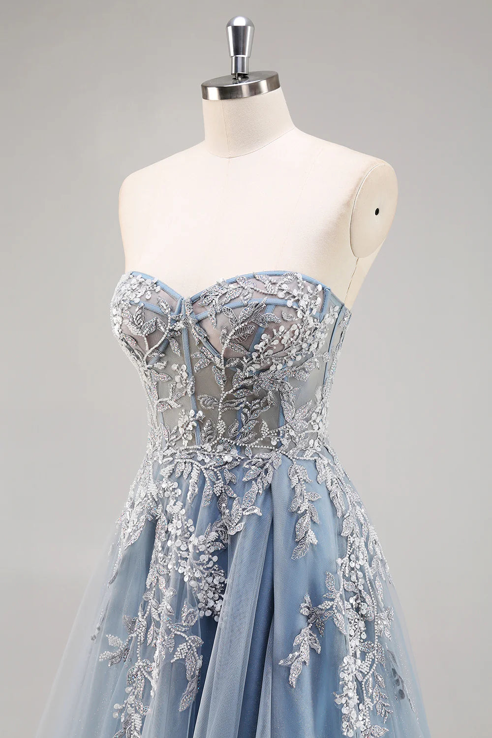 Dusty Blue Sequins Beaded Strapless Sheer Corset A Line Long Prom Dress with Slit