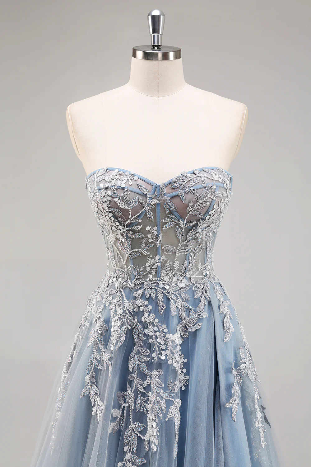 Dusty Blue Sequins Beaded Strapless Sheer Corset A Line Long Prom Dress with Slit