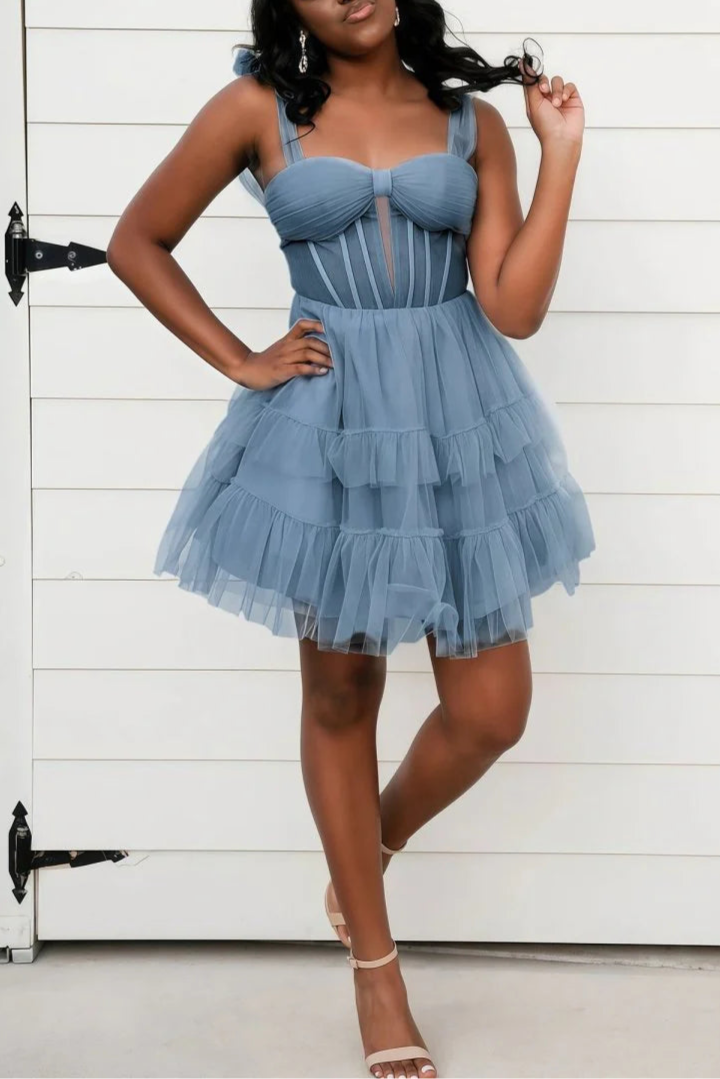 Dusty Blue Tiered Tulle Ruffles A Line Sweetheart Short Homecoming Dresses With Bow Straps