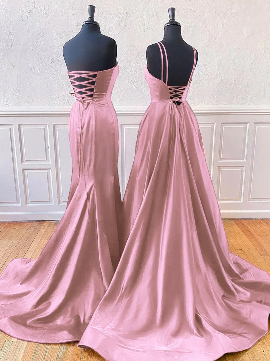 Dusty Pink Satin Sleeveless A-Line Or Mermaid Style Split Long Prom Dress With Sweep Train