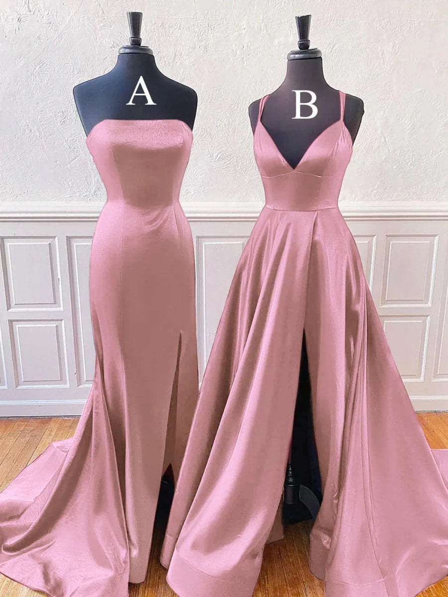 Dusty Pink Satin Sleeveless A-Line Or Mermaid Style Split Long Prom Dress With Sweep Train