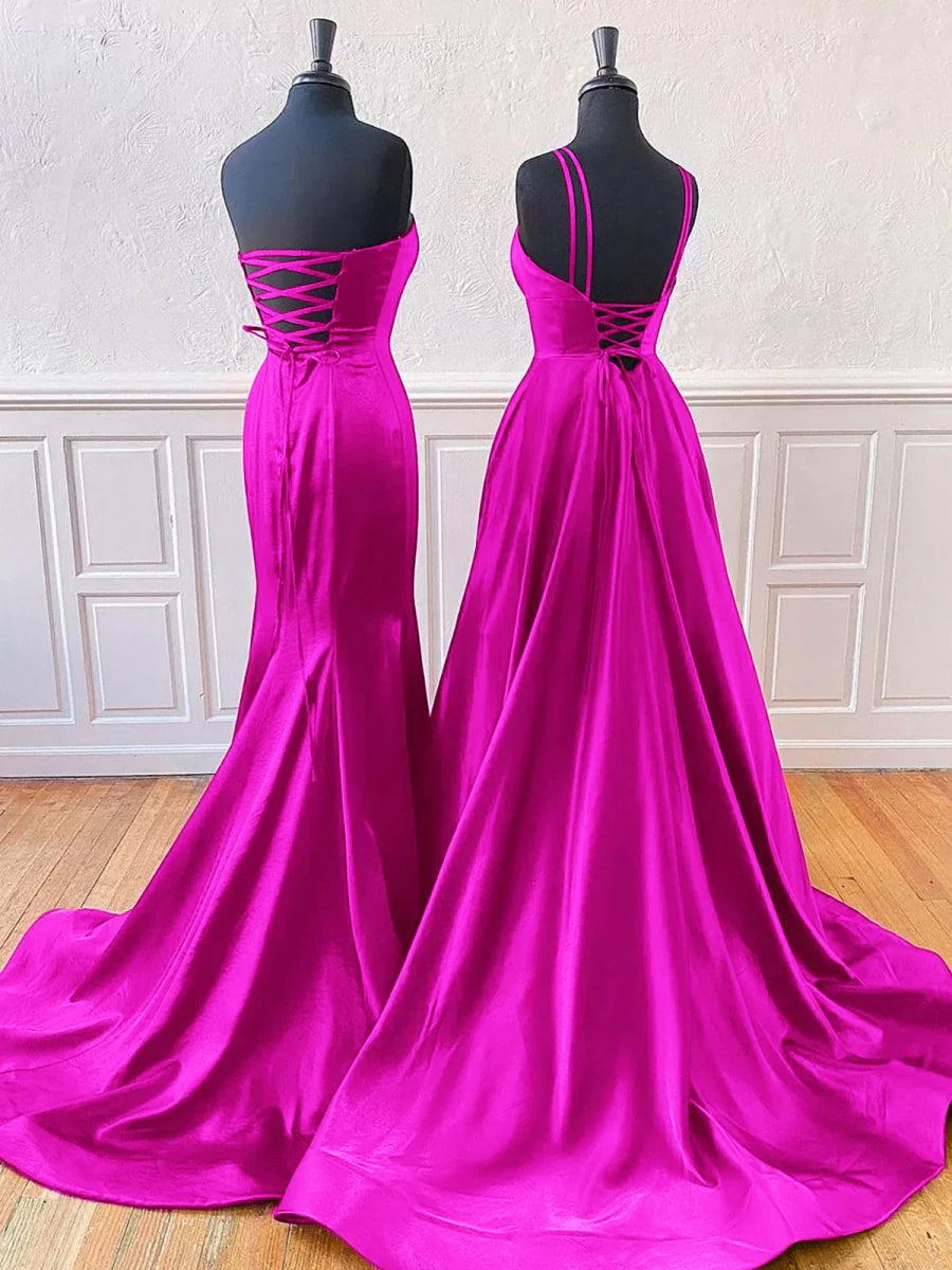 Dusty Pink Satin Sleeveless A-Line Or Mermaid Style Split Long Prom Dress With Sweep Train