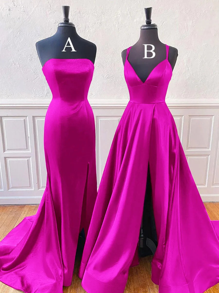 Dusty Pink Satin Sleeveless A-Line Or Mermaid Style Split Long Prom Dress With Sweep Train