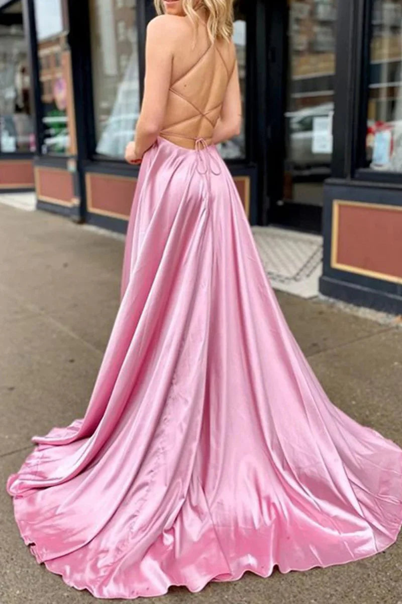 Dusty Pink Satin V Neck Spaghetti Straps Backless A Line Split Sweep Train Prom Dress With Pockets