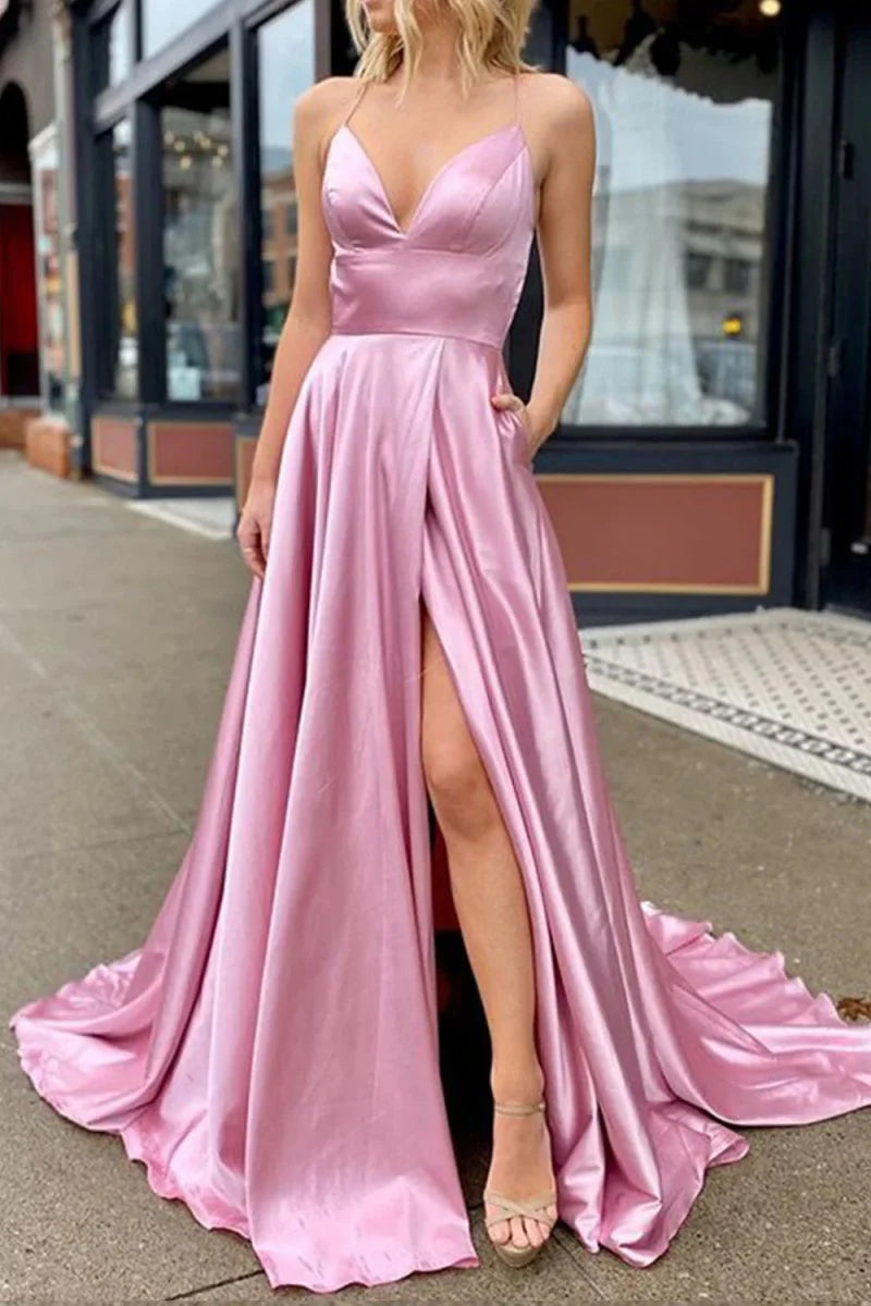 Dusty Pink Satin V Neck Spaghetti Straps Backless A Line Split Sweep Train Prom Dress With Pockets