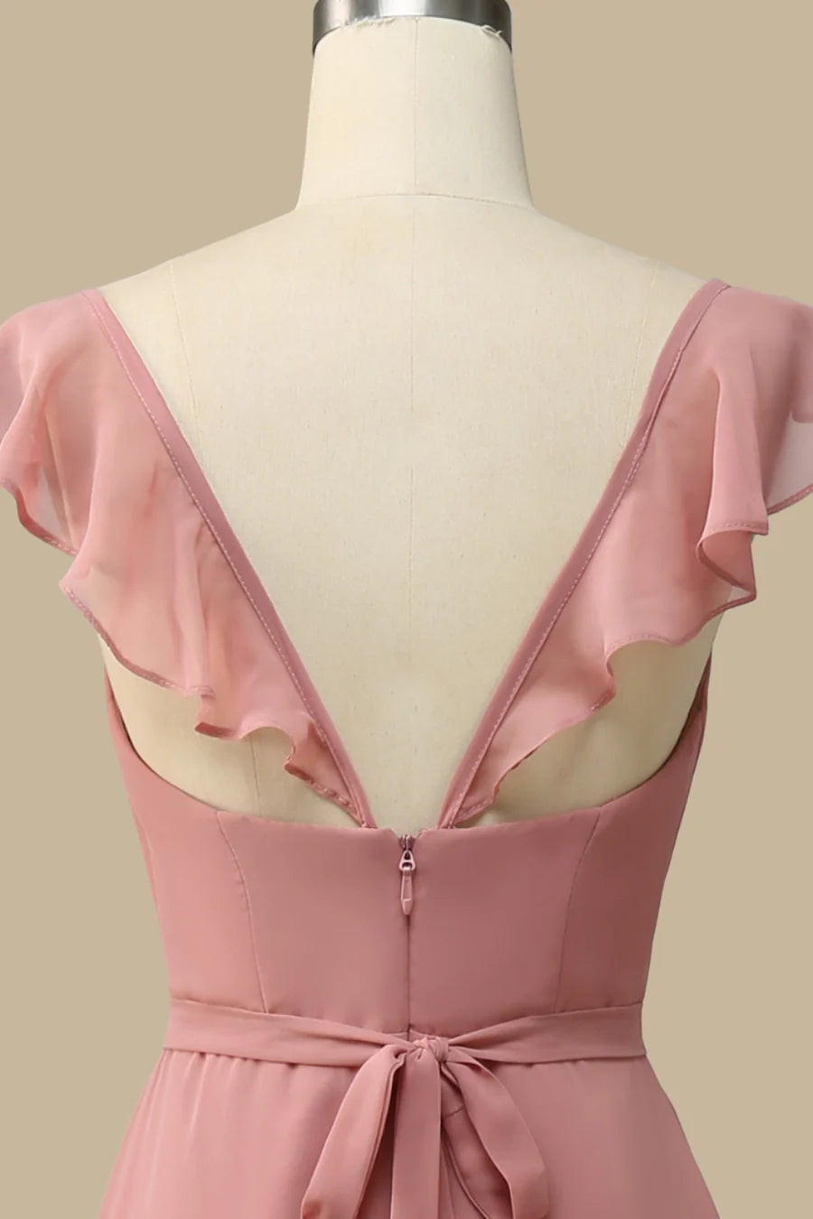 Dusty Rose Chiffon V Neck Pleated A-Line Lace-Up Maxi Dress Bridesmaid Dresses