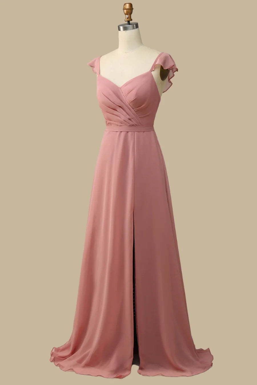 Dusty Rose Chiffon V Neck Pleated A-Line Lace-Up Maxi Dress Bridesmaid Dresses