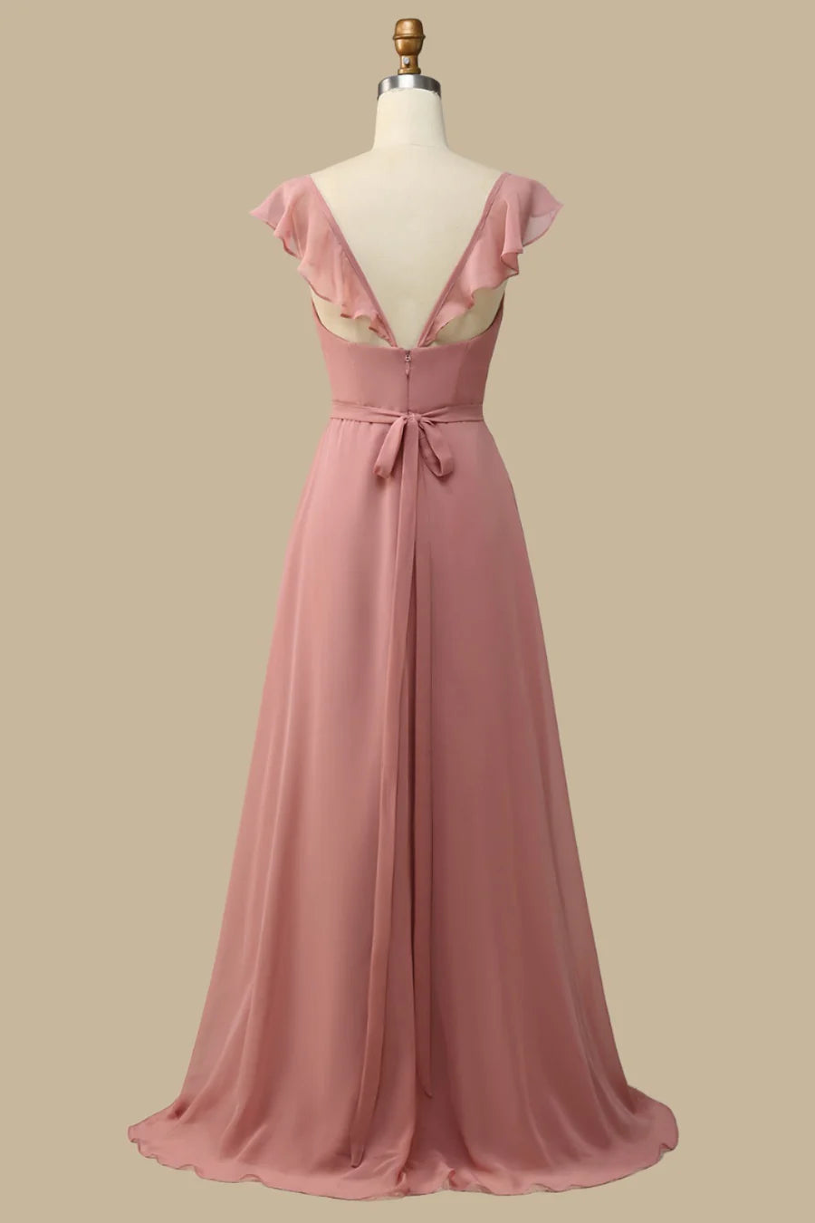 Dusty Rose Chiffon V Neck Pleated A-Line Lace-Up Maxi Dress Bridesmaid Dresses