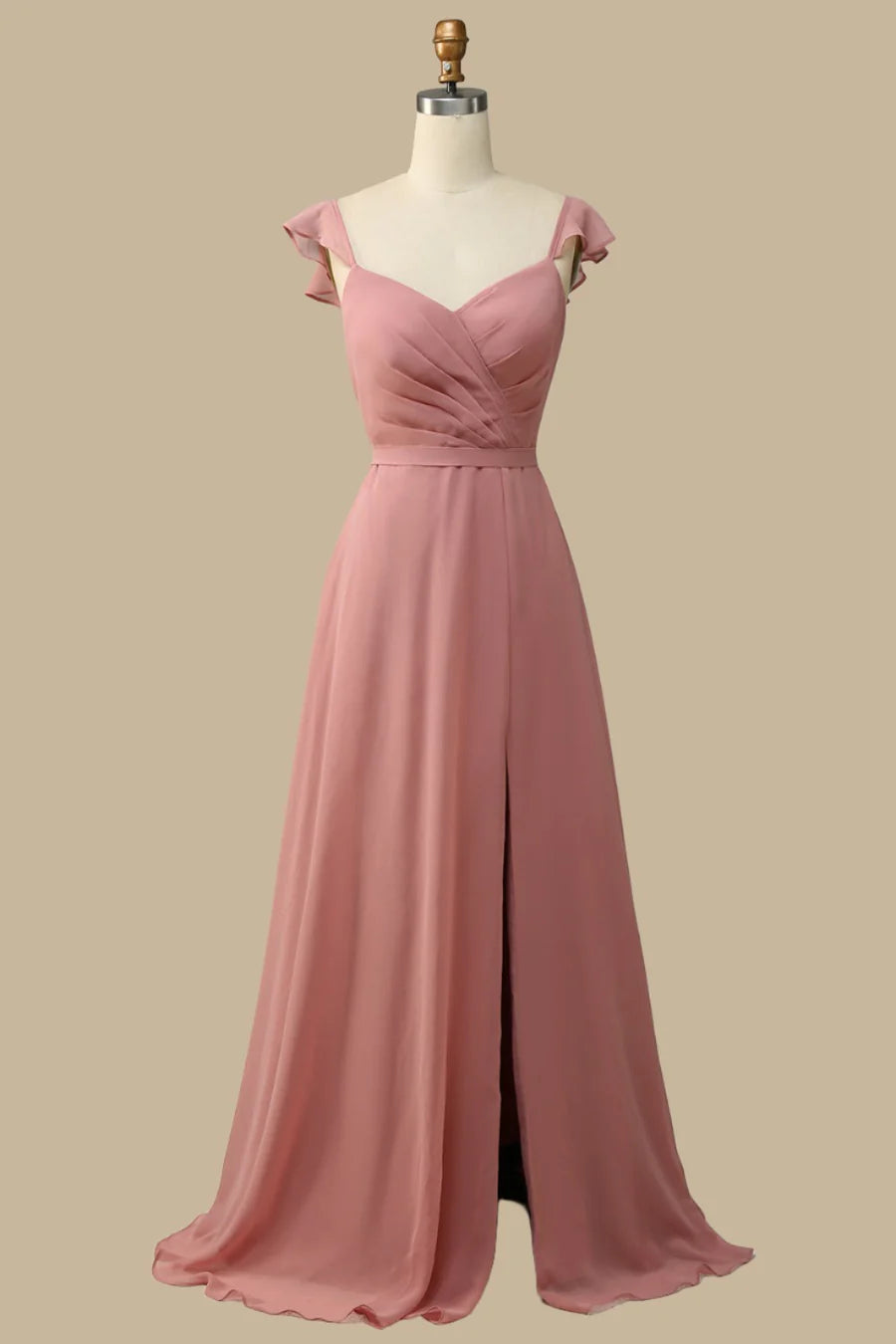 Dusty Rose Chiffon V Neck Pleated A-Line Lace-Up Maxi Dress Bridesmaid Dresses