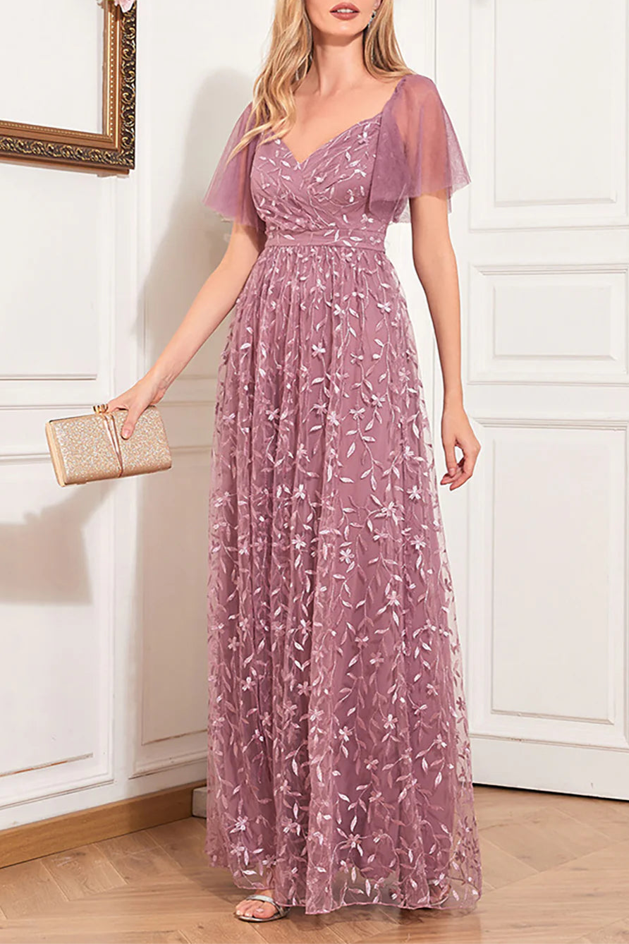 Dusty Rose Floral Lace V Neck Open Back A-Line Mother Of The Bride Dress with Appliques