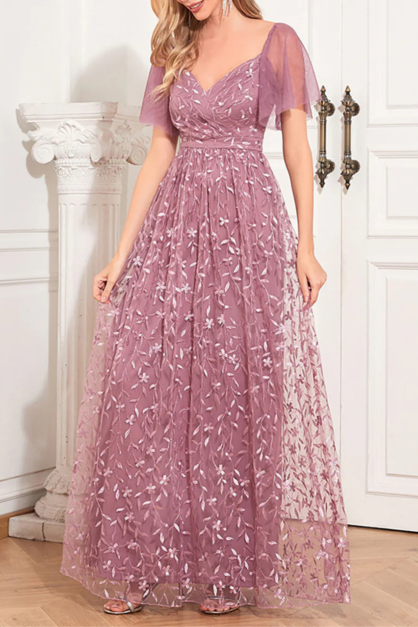 Dusty Rose Floral Lace V Neck Open Back A-Line Mother Of The Bride Dress with Appliques