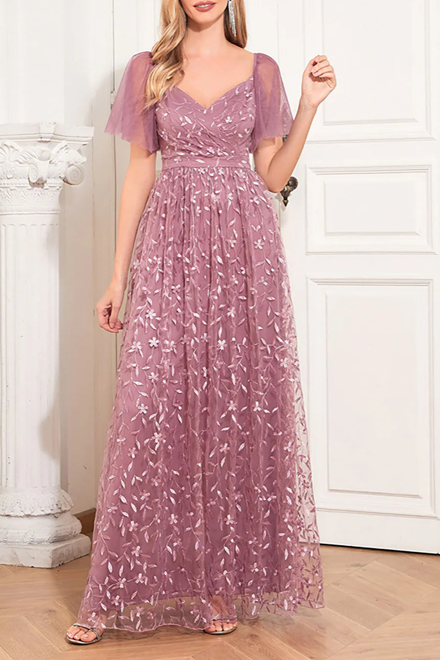 Dusty Rose Floral Lace V Neck Open Back A-Line Mother Of The Bride Dress with Appliques