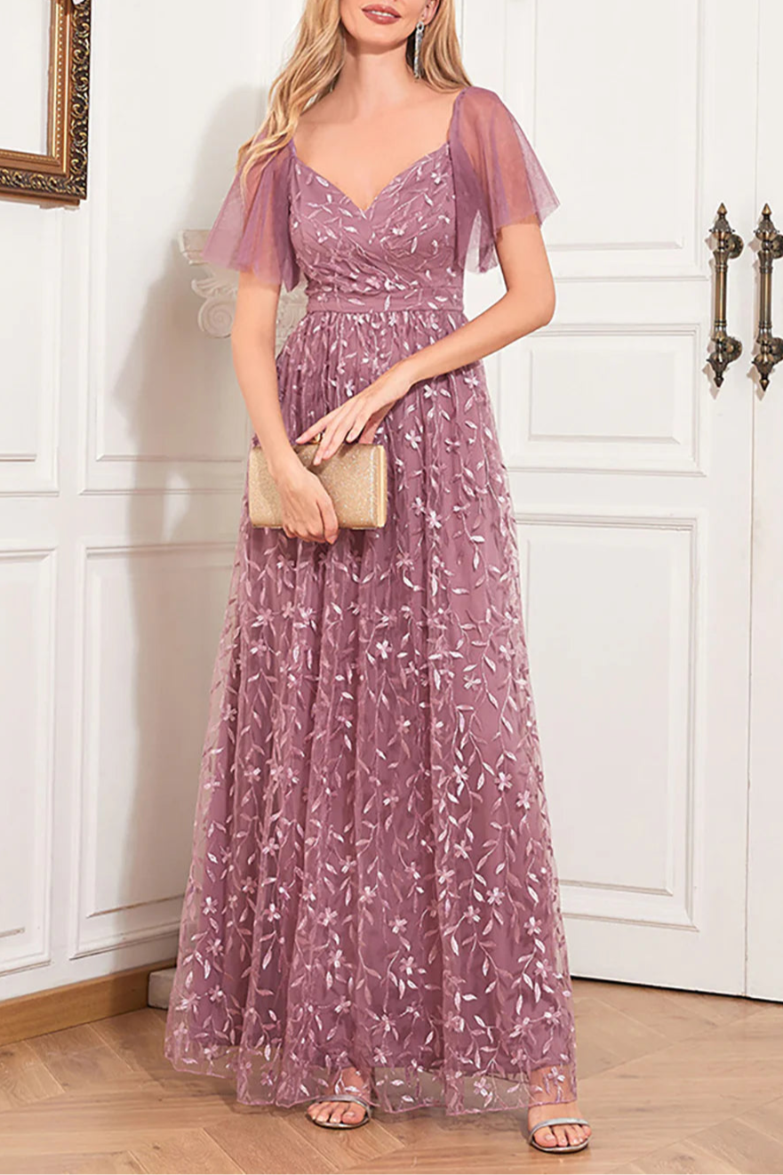 Dusty Rose Floral Lace V Neck Open Back A-Line Mother Of The Bride Dress with Appliques