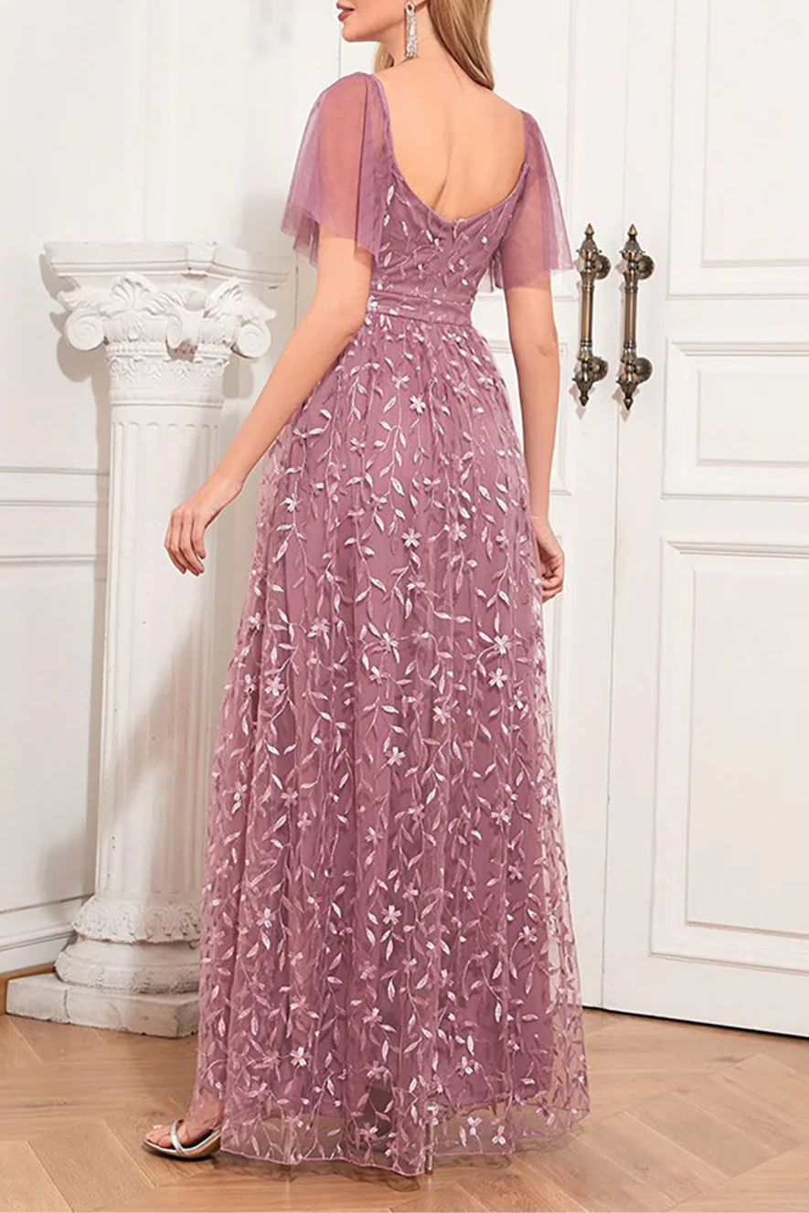 Dusty Rose Floral Lace V Neck Open Back A-Line Mother Of The Bride Dress with Appliques