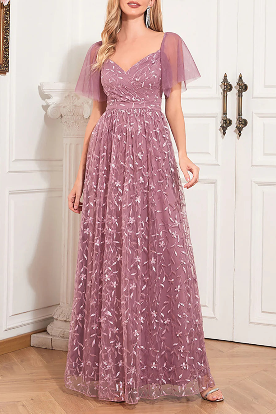 Dusty Rose Floral Lace V Neck Open Back A-Line Mother Of The Bride Dress with Appliques