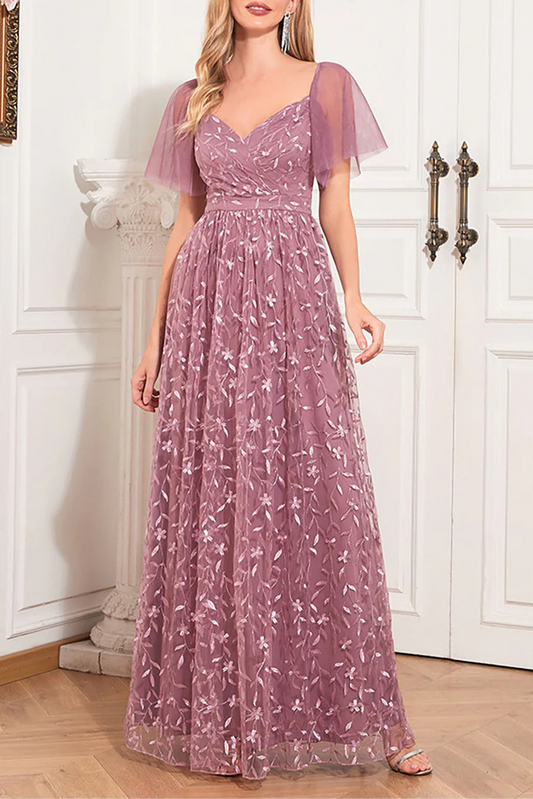 Dusty Rose Floral Lace V Neck Open Back A-Line Mother Of The Bride Dress with Appliques