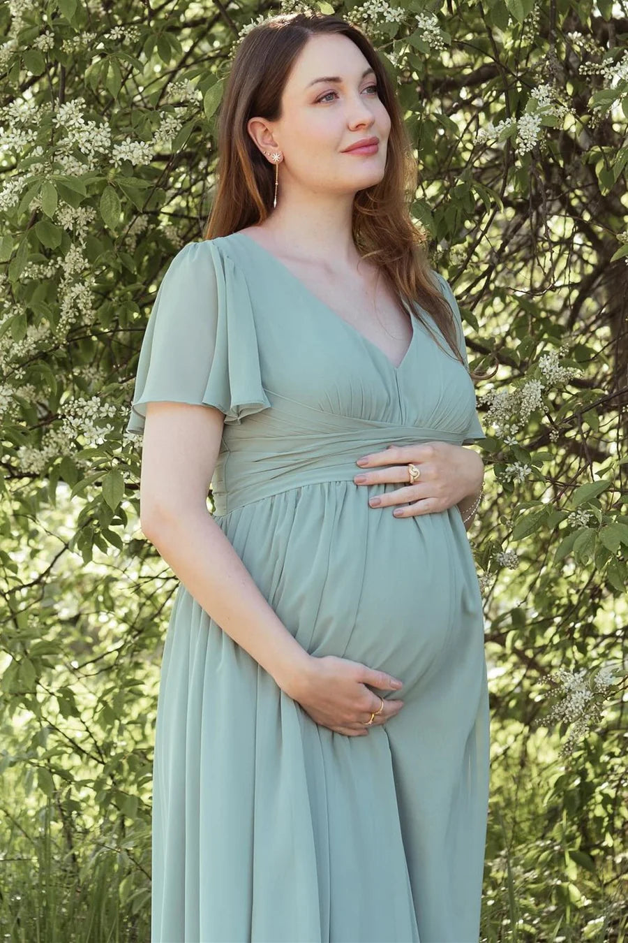 Dusty Sage Chiffon V-Neck Short Sleeve Maternity Bridesmaid Dress