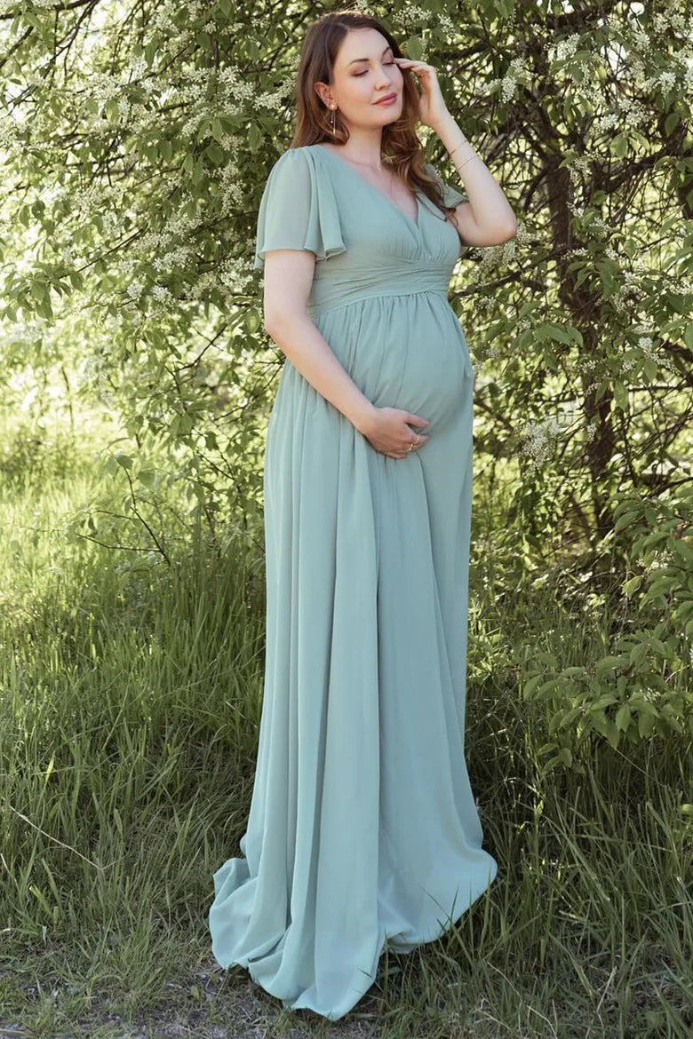 Dusty Sage Chiffon V-Neck Short Sleeve Maternity Bridesmaid Dress