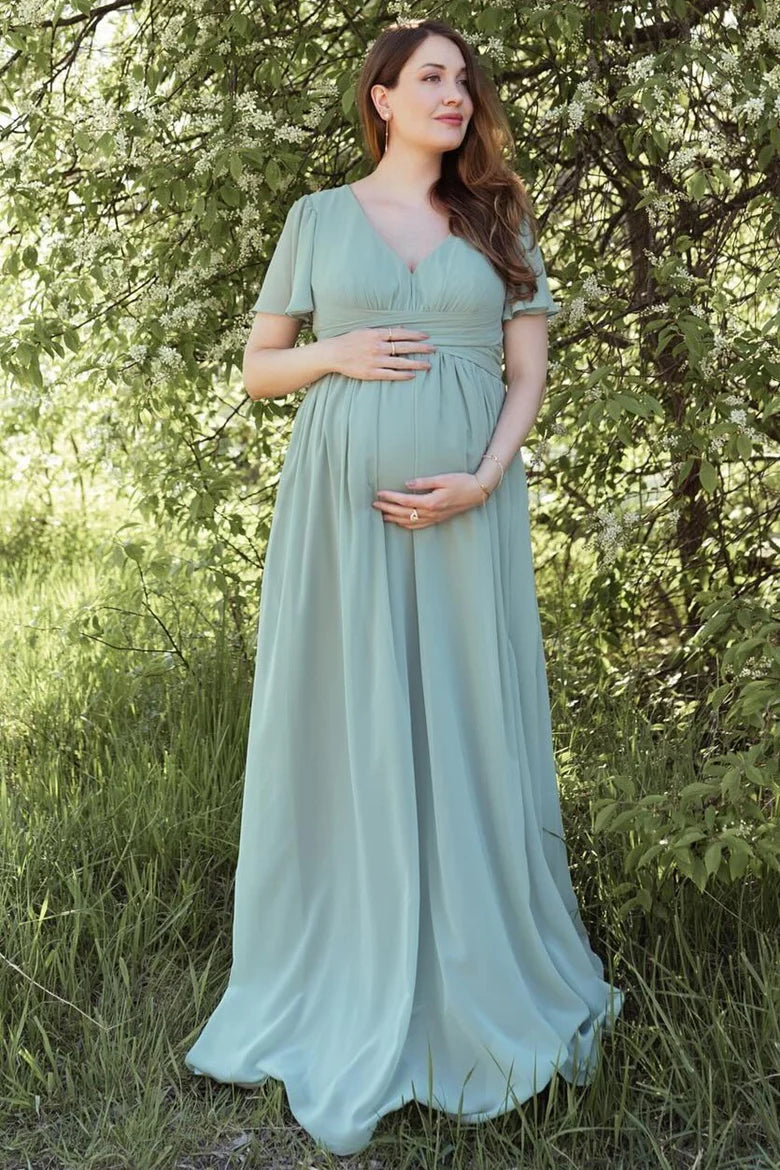 Dusty Sage Chiffon V-Neck Short Sleeve Maternity Bridesmaid Dress
