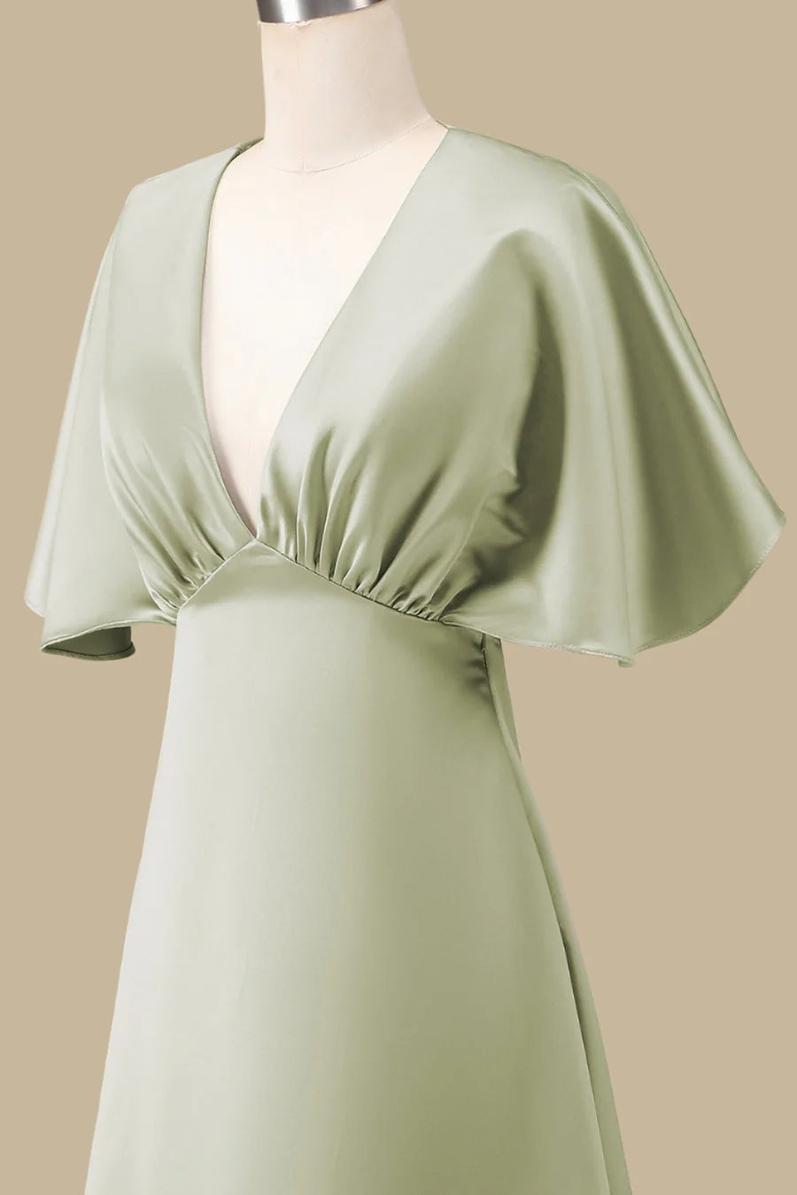 Dusty Sage Deep V Neck Maxi Length A-line Mother of the Bride Dress With Half Sleeves