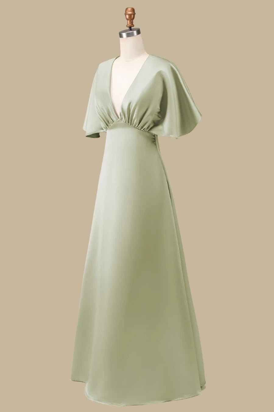 Dusty Sage Plunge V Neck Half Sleeves A-line Maxi Dress Bridesmaid Dresses