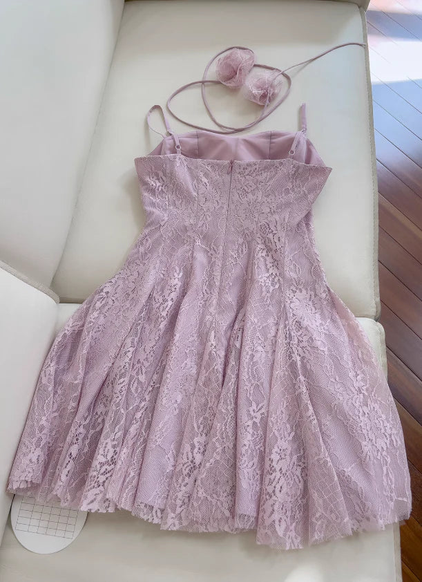 Light purple A-line spaghetti strap lace short prom dress, Unique design homecoming dress