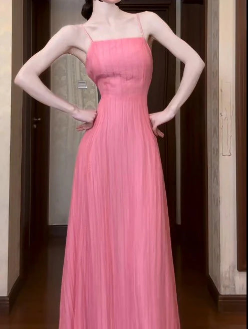 Chiffon Spaghetti Strap Backless Long Prom Dress Cute Pink A-Line Party Dress