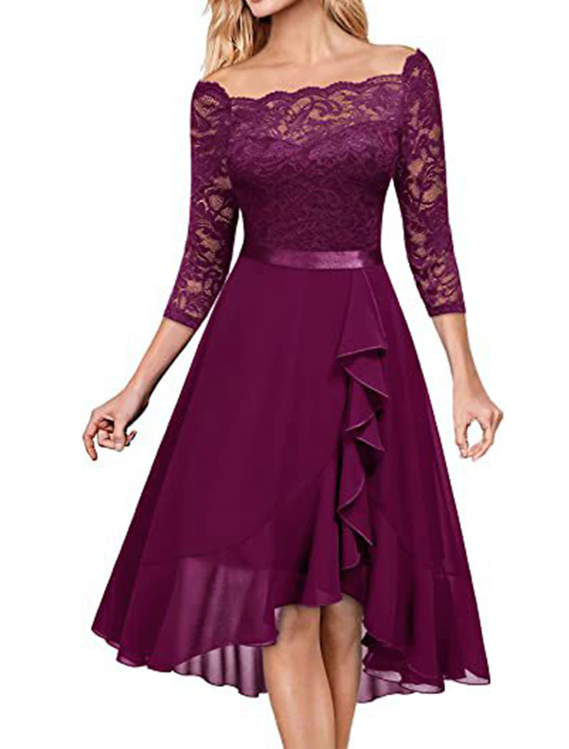 Back view of a woman in a blue crew neck lace party dress.