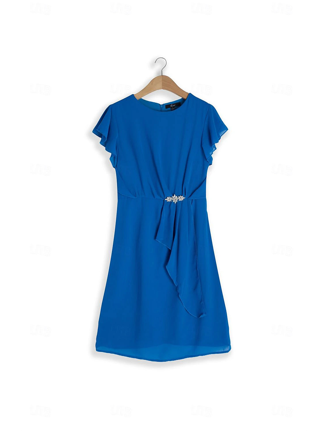 Close-up of the wine blue fabric and short sleeve detail of the dress.